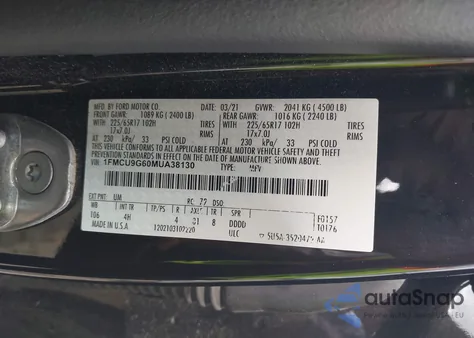 2021 Ford Escape Se z USA, uszkodzony, nr VIN 1FMCU9G60MUA38130